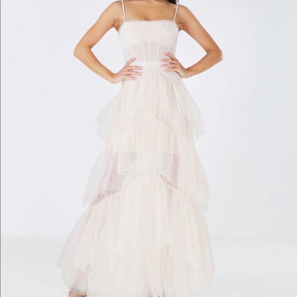 Bcbg oly tiered ruffle gown in pink tint